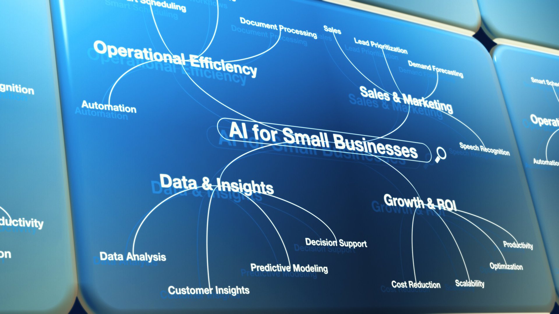 Conceptual diagram showcasing AI practical uses for small businesses, spotlighting operational efficiency, data insights, optimized sales, and marketing strategies